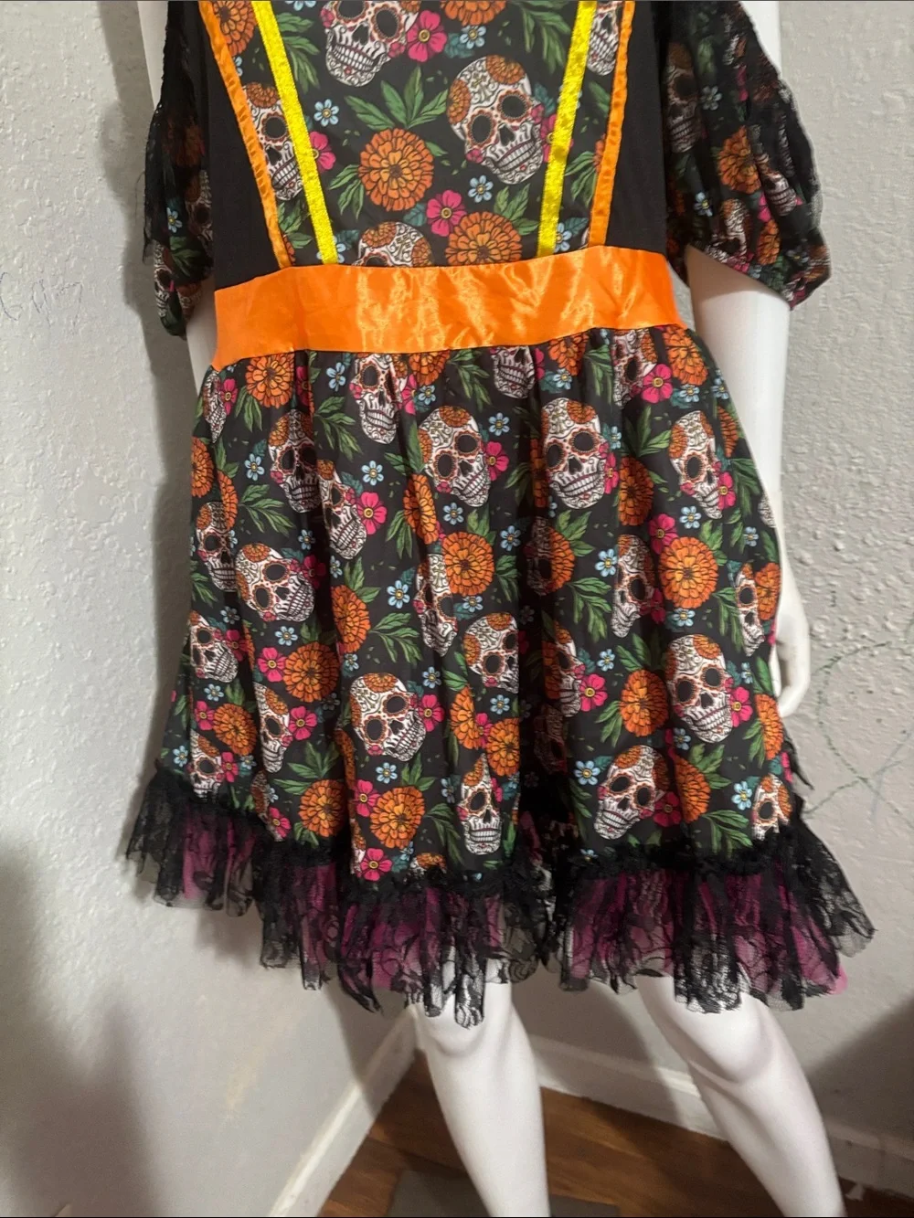 Leg Avenue Black Sugar Skull Floral Halloween Dress with Orange Accents